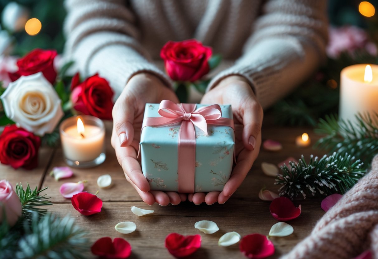 A woman’s hands holding a small wrapped gift box surrounded by roses, rose petals, and a glowing candle on a wooden table with winter decorations.