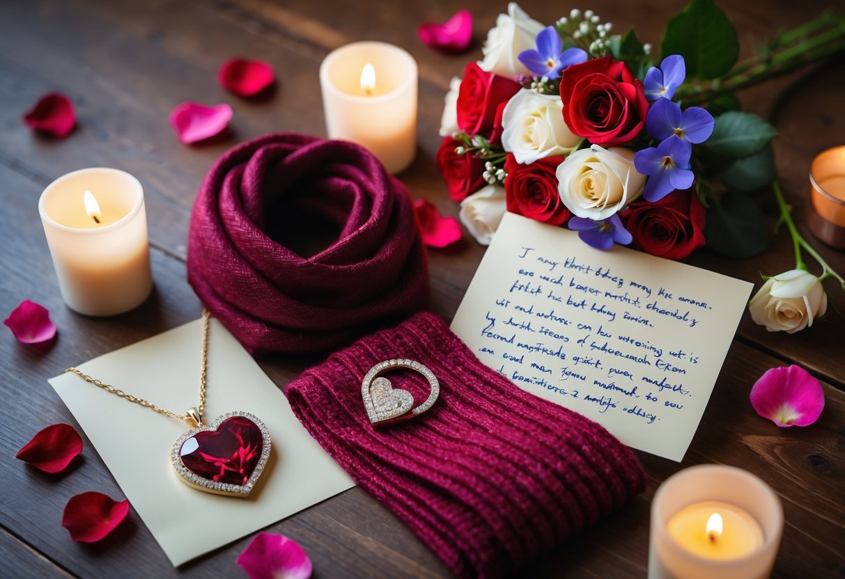 A flat lay of February birthday gifts for her including a heart-shaped ruby necklace, a red scarf, a bouquet of red and white roses with violets, a handwritten note, and rose petals on a wooden table.