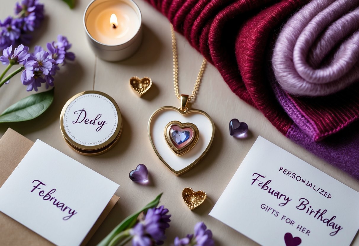 Flat lay of personalized February birthday gifts for her including a heart-shaped locket, cashmere scarf, scented candles, a handwritten card, fresh violets, and amethyst crystals on a wooden surface.