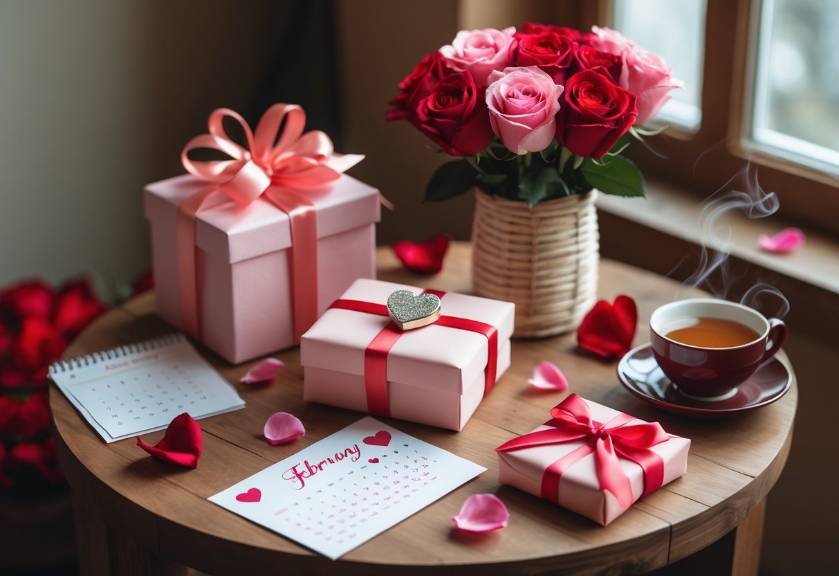 A cozy table with heart-themed gifts including a jewelry box with a pendant, roses, a wrapped present, and a cup of tea, set near a window with soft natural light.