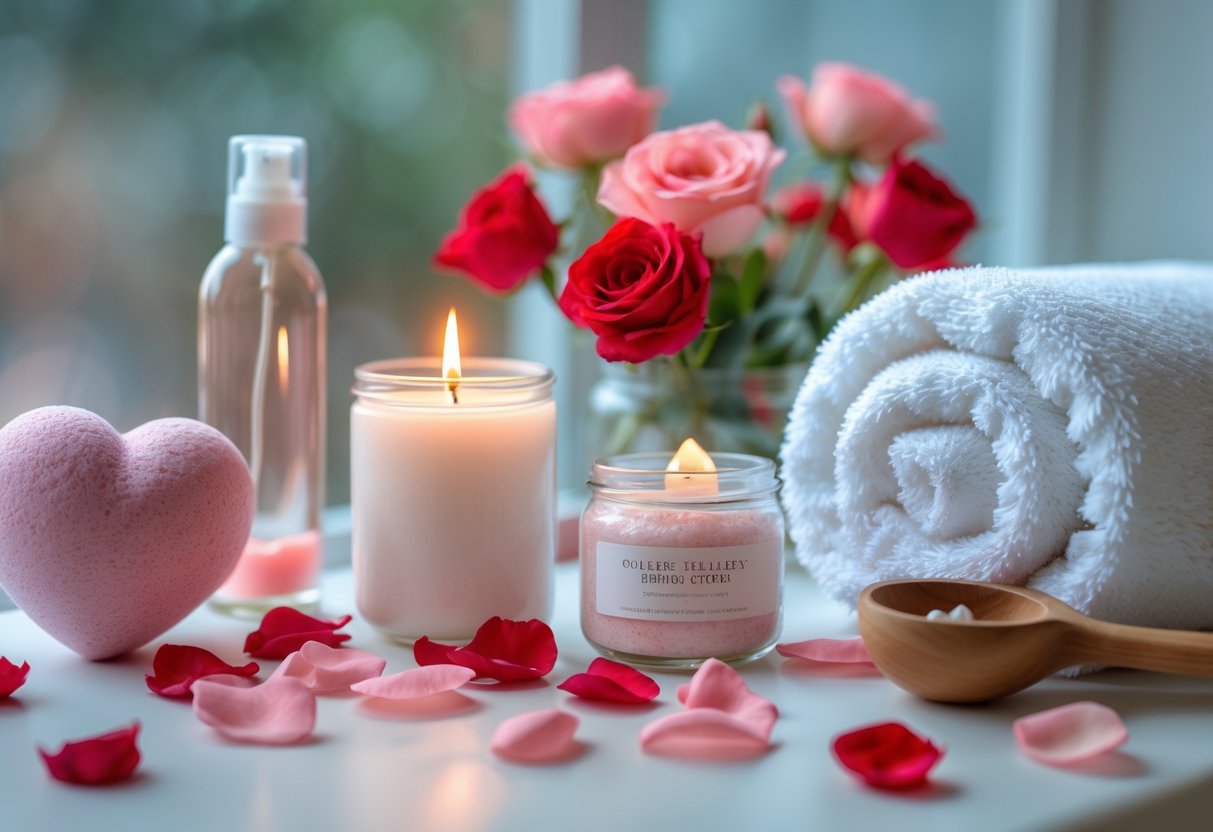 A spa setting with bath salts, a heart-shaped bath bomb, a lit candle, rose petals, a rolled towel, and fresh flowers arranged on a white surface.