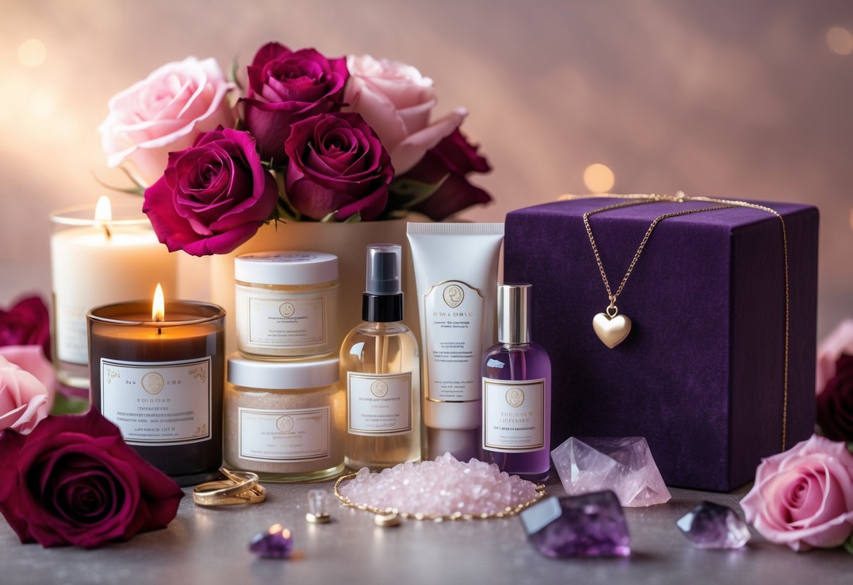 A luxurious arrangement of beauty and self-care gifts including candles, skincare bottles, bath salts, and a heart-shaped pendant surrounded by roses and amethyst crystals.