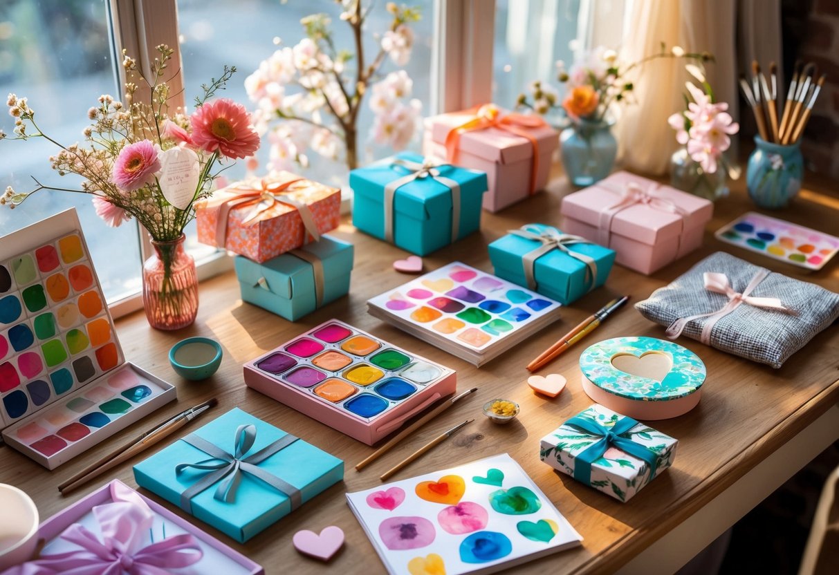 A table with art supplies, handmade jewelry boxes, fresh flowers, and heart-shaped decorations in a cozy, well-lit room.