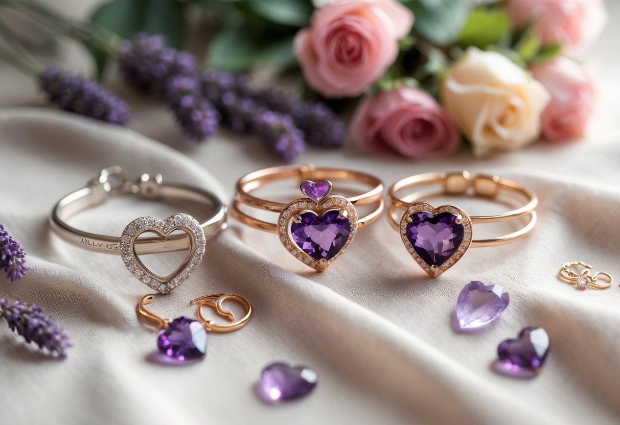 A collection of heart-themed jewelry and personalized accessories arranged on a soft fabric with flowers and rose petals nearby.