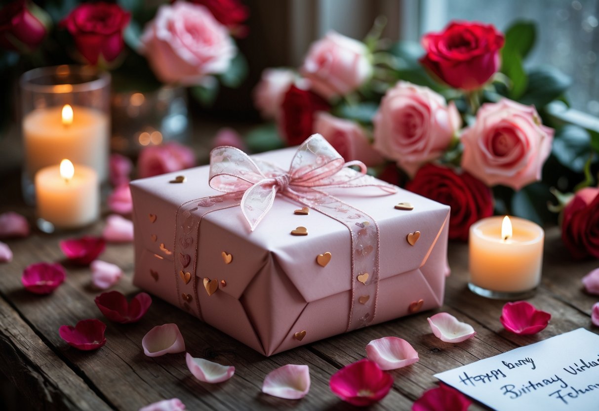 A wrapped gift box with heart decorations on a wooden table surrounded by roses, candles, and a birthday card in soft natural light.