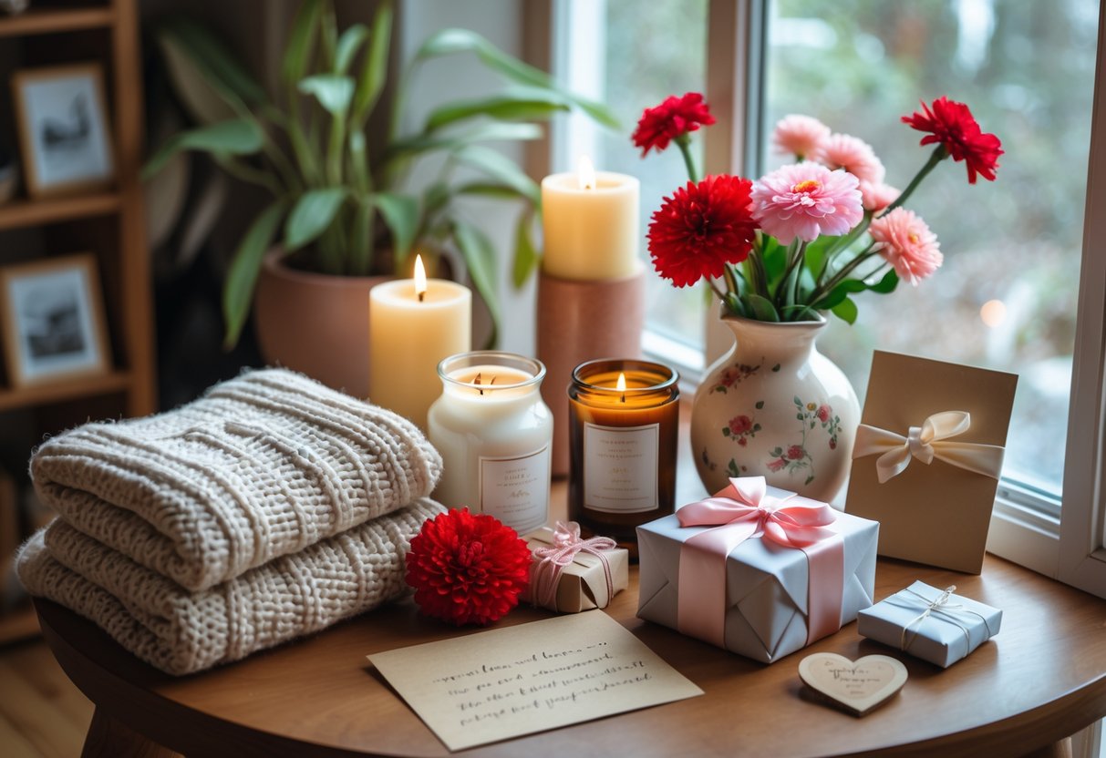 A cozy table with wrapped gifts, flowers, candles, and home decor items in a softly lit room.
