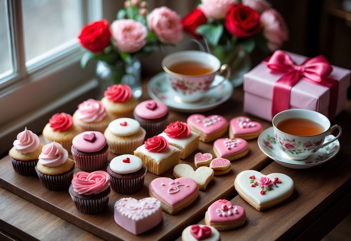 A table with colorful cupcakes, heart-shaped cookies, a bouquet of pink and red flowers, a teacup of tea, and a wrapped gift box.