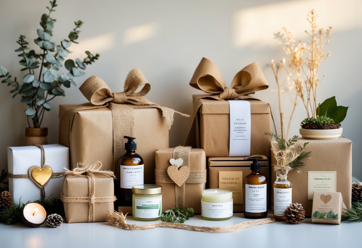 A collection of eco-friendly birthday gifts for a woman, including handmade candles, organic skincare, potted plants, and recycled paper wrapping, arranged with natural decorations.