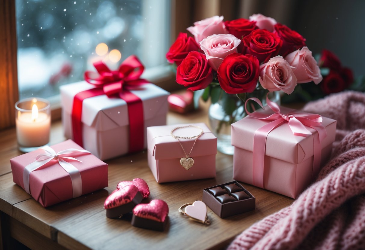 A cozy table with wrapped gifts, heart-shaped jewelry, a bouquet of roses, chocolates, and a lit candle, set near a window with light snowfall outside.