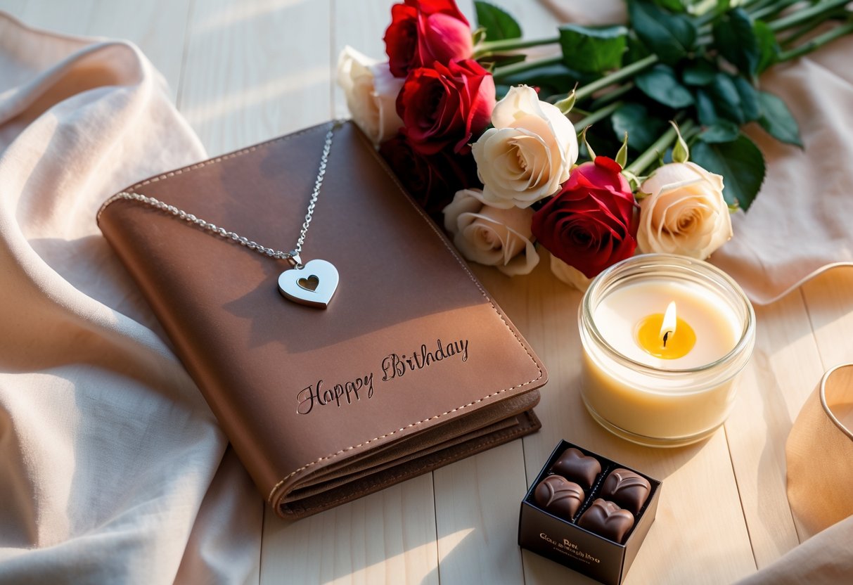 A flat lay of personalized birthday gifts including a silver heart necklace, a leather journal with initials, red and white roses, gourmet chocolates, and a lit scented candle on a wooden surface.