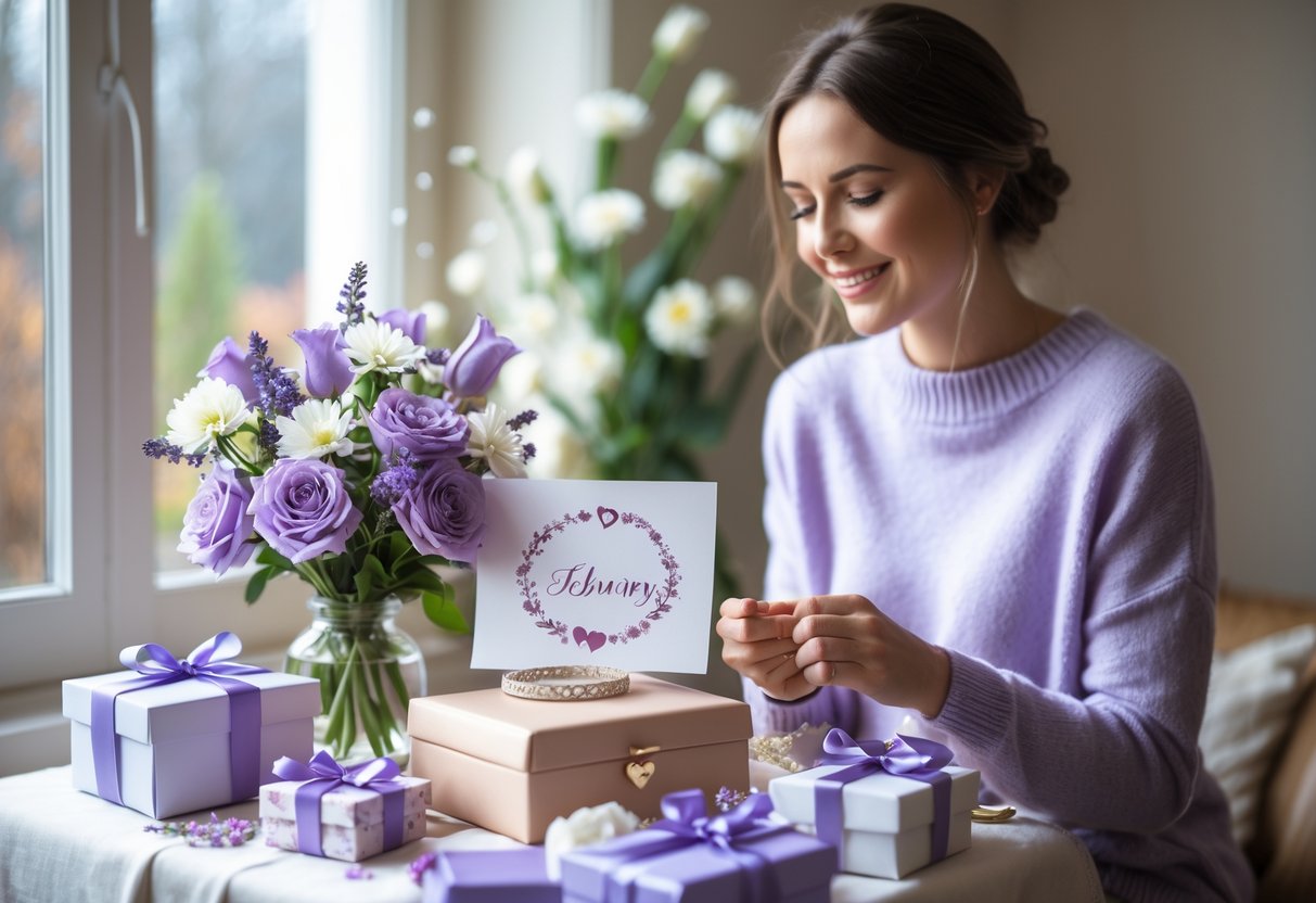 A woman smiling as she looks at personalized birthday gifts on a table decorated with flowers and soft natural light.