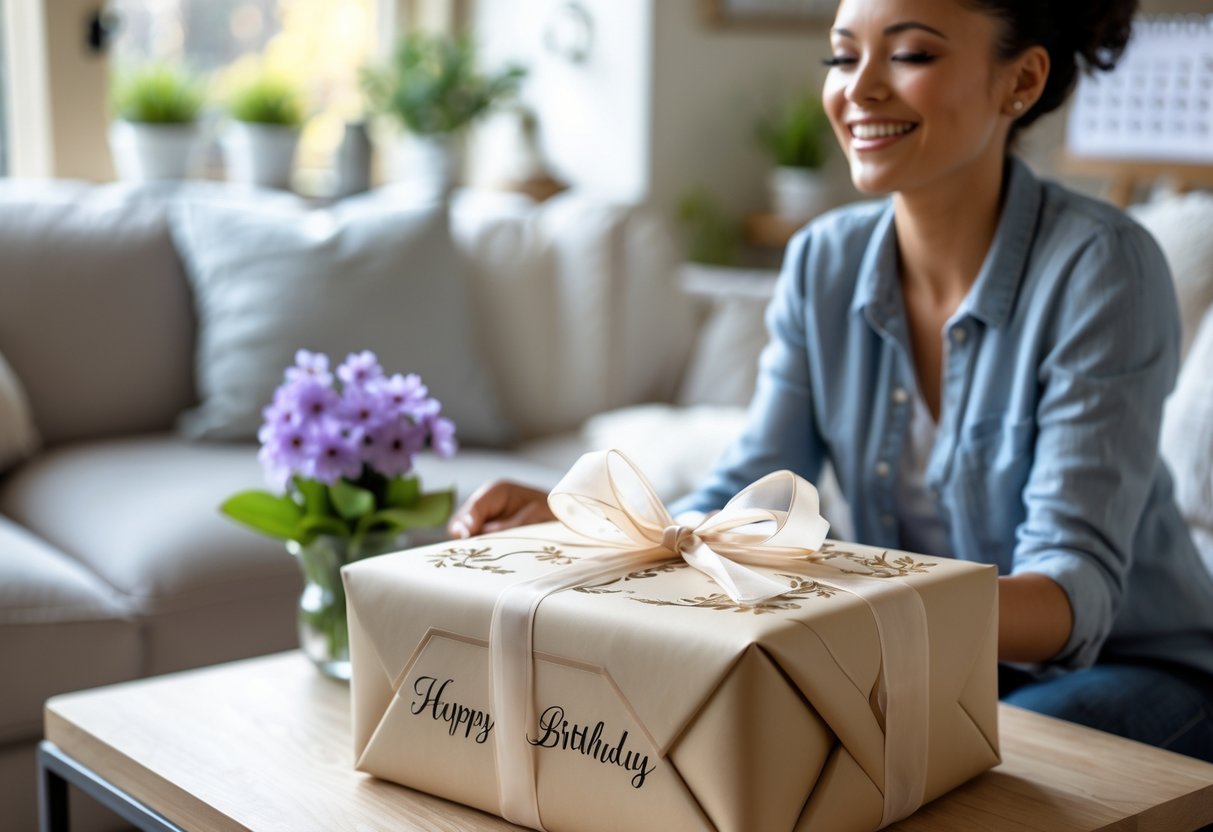 A woman happily receiving a beautifully wrapped customized gift in a cozy living room setting.