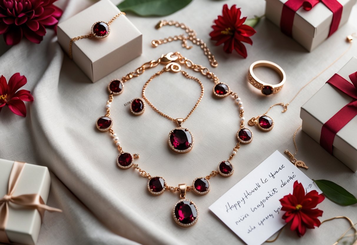 A collection of personalized garnet jewelry including necklaces, bracelets, and rings displayed on fabric with flowers and gift boxes.