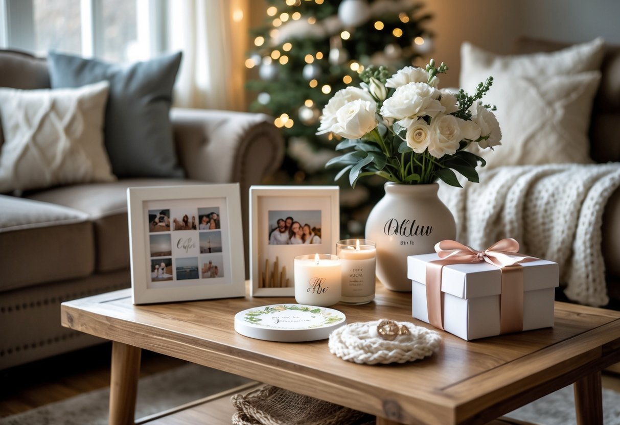 A cozy living room table displaying personalized home décor gifts including a framed photo, monogrammed pillow, engraved candle, and a gift box with a keepsake inside.