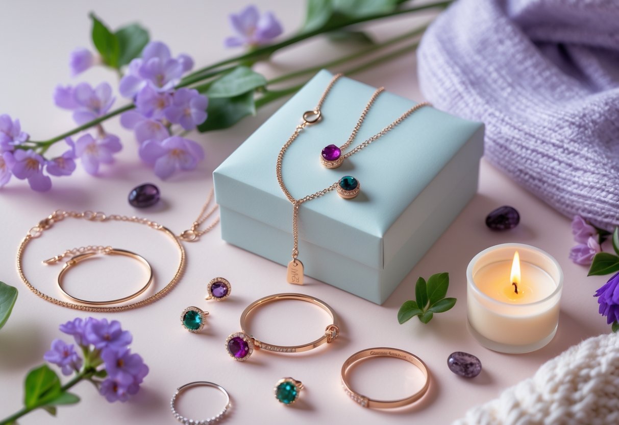 A collection of personalized jewelry and accessories arranged with February birthstones and winter-themed items on a soft pastel surface.