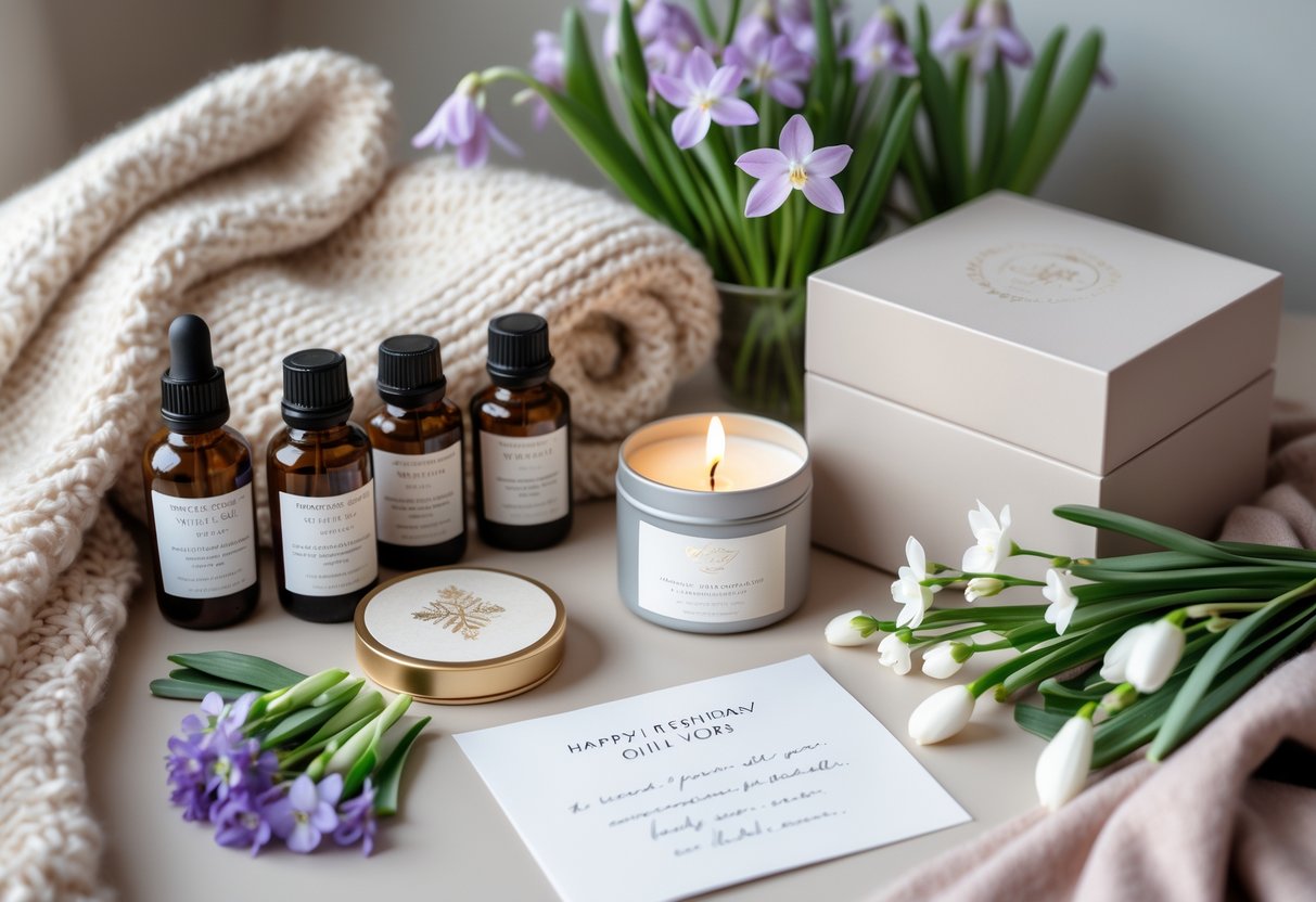 A collection of personalized wellness and self-care gifts including essential oils, candles, a knitted blanket, jewelry box, handwritten note, and fresh February flowers arranged on a soft surface.