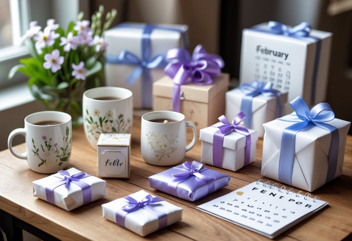 A table displaying personalized gifts such as engraved jewelry boxes, custom mugs, and wrapped packages with flowers and a February calendar in the background.