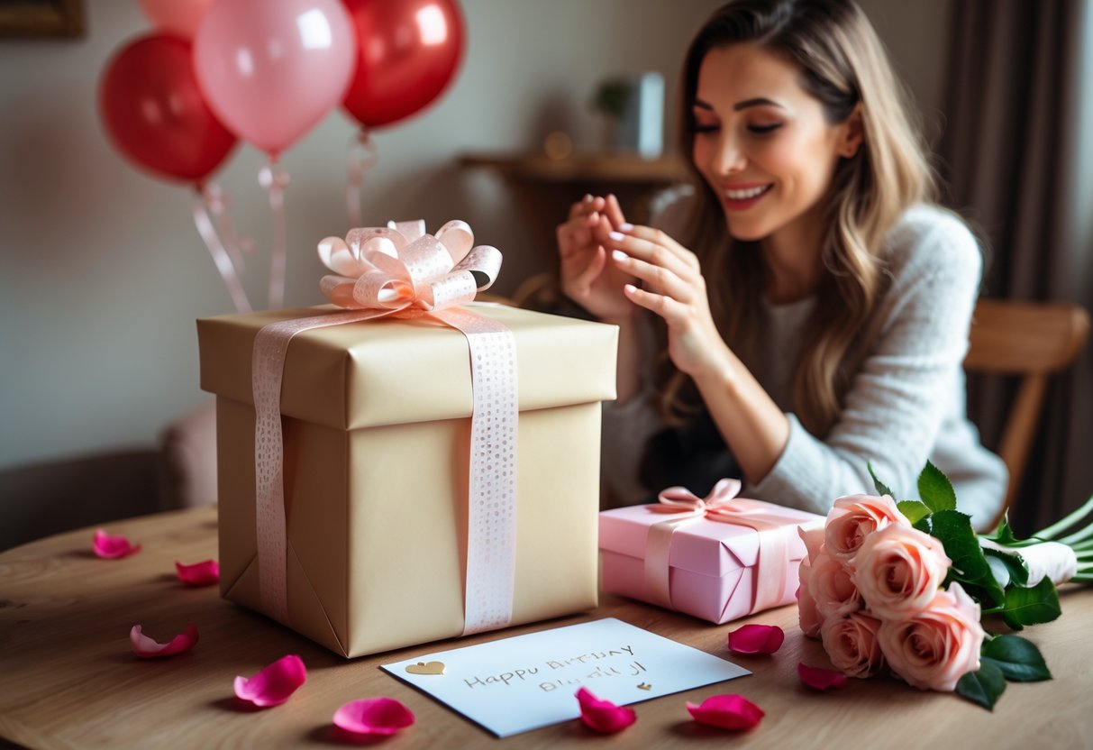 A woman smiling warmly as she reaches for a beautifully wrapped personalized gift box on a wooden table decorated with flowers and birthday balloons.
