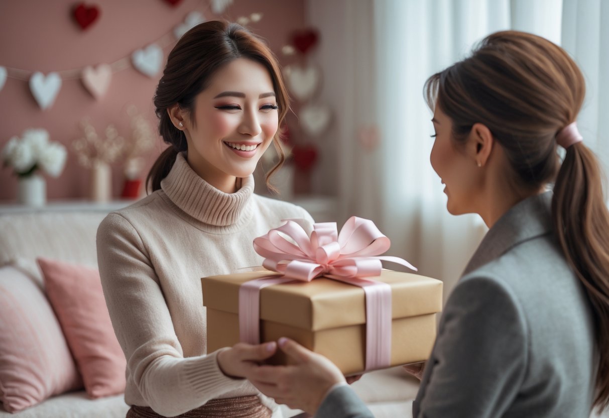 A woman happily receiving a beautifully wrapped customized gift in a cozy, softly lit room decorated with subtle winter and February-themed accents.