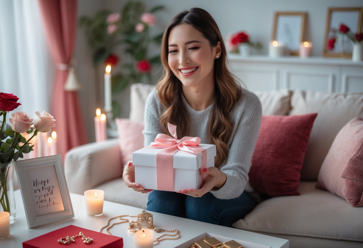 A woman happily receiving a beautifully wrapped customized gift in a cozy living room decorated with flowers and soft lighting.