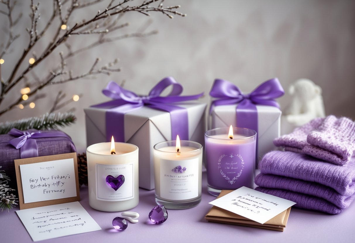 A collection of personalized February birthday gifts including amethyst jewelry, custom candles, handwritten notes, and cozy scarves arranged on a soft background with subtle winter decorations.