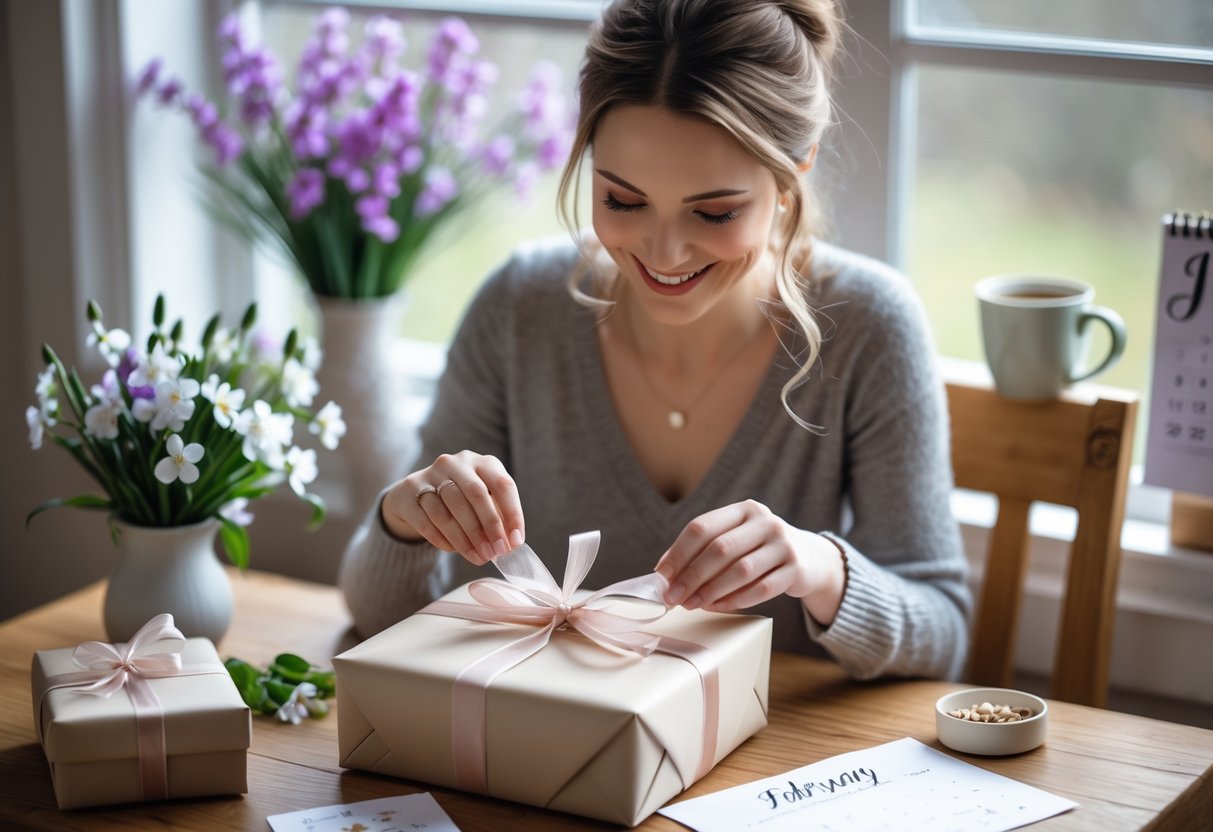 A woman happily unwrapping a gift box at a table with flowers, jewelry, and a card nearby, celebrating a February birthday.