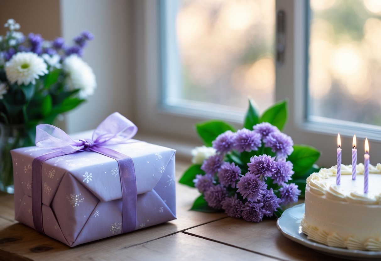 A wrapped gift box with ribbons and a bouquet of purple and white flowers on a wooden table next to a birthday cake with candles.