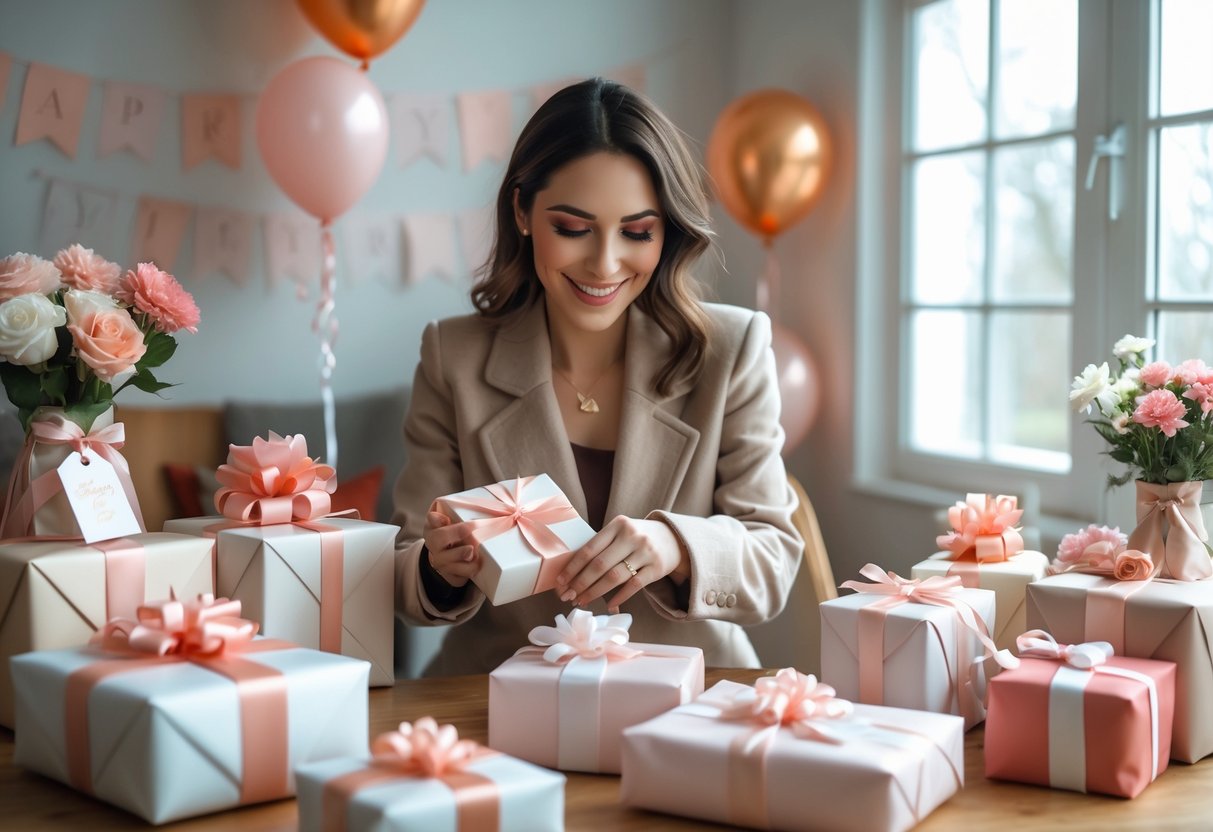 A woman happily opening personalized birthday gifts at a wooden table in a warmly lit room decorated for a birthday celebration.