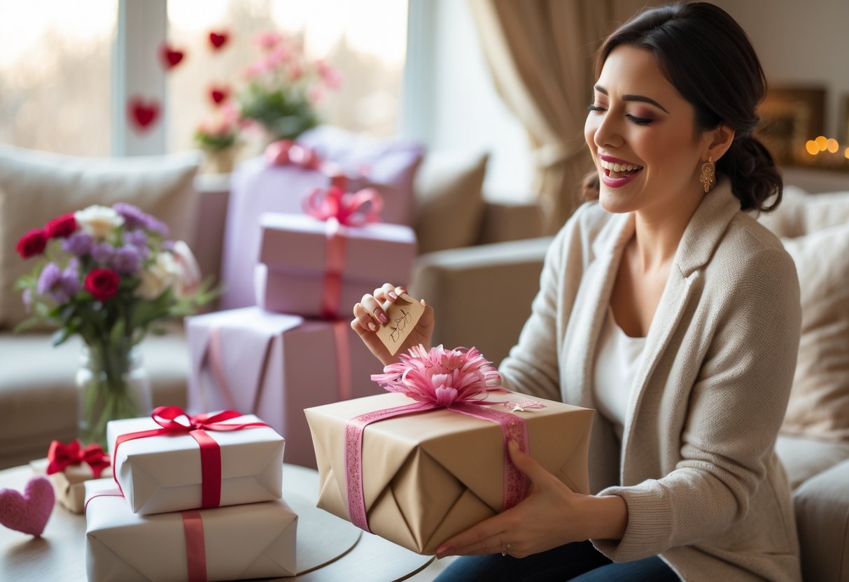 A woman happily unwrapping a personalized gift in a cozy living room decorated with flowers and subtle February-themed accents.