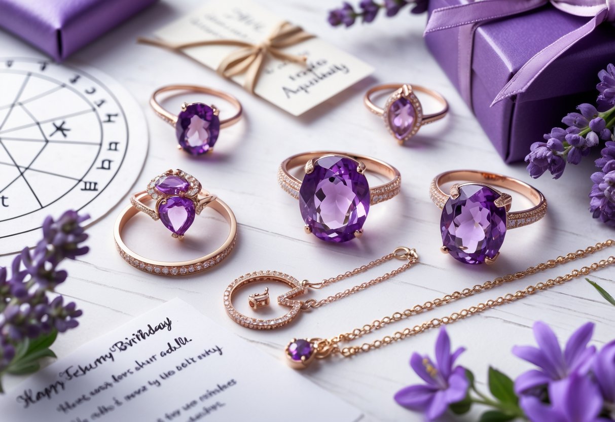 A flat lay of amethyst jewelry, zodiac symbols, a wrapped gift, flowers, and a birthday card arranged on a wooden surface.