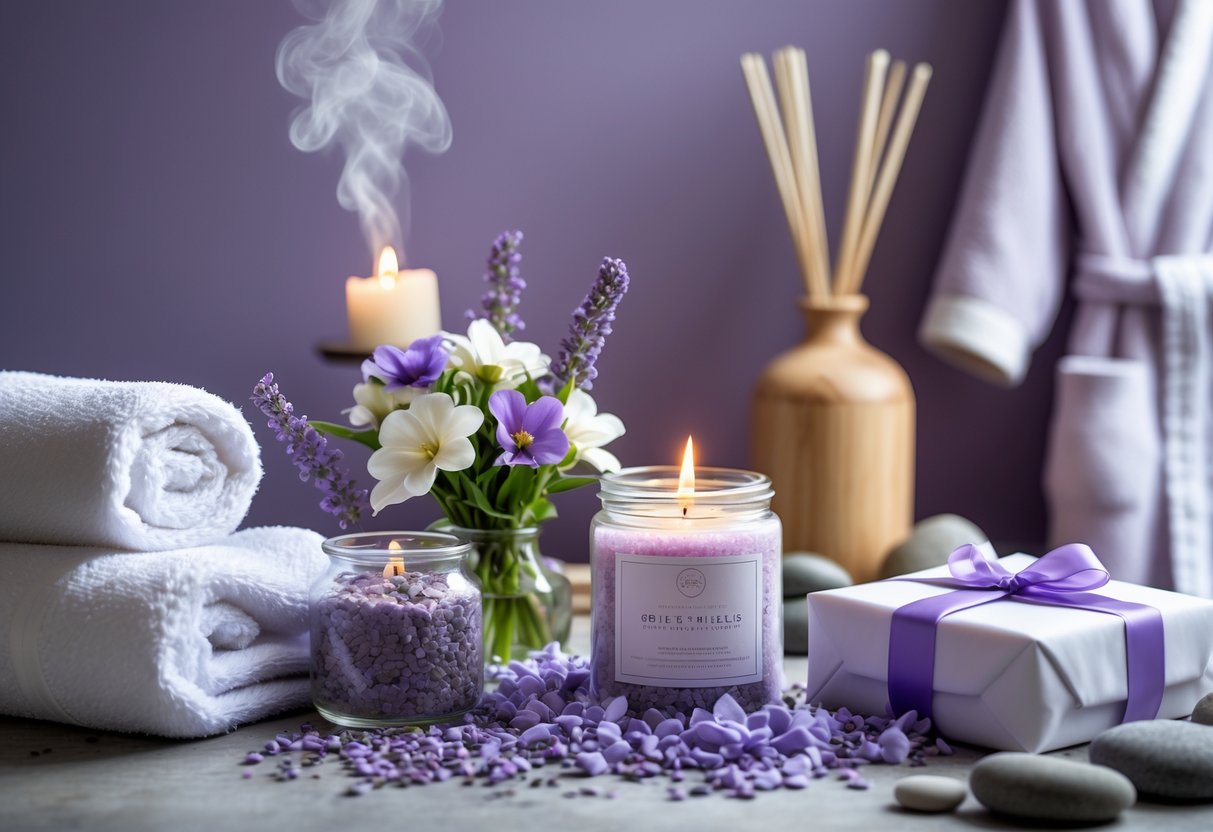 A spa setting with wellness gifts including bath salts, flowers, a lit candle, and a wrapped gift box arranged on a towel in a calm environment.