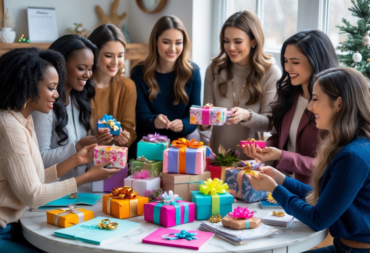 A group of women happily exchanging and admiring creative gifts around a table filled with colorful artistic items in a cozy room.