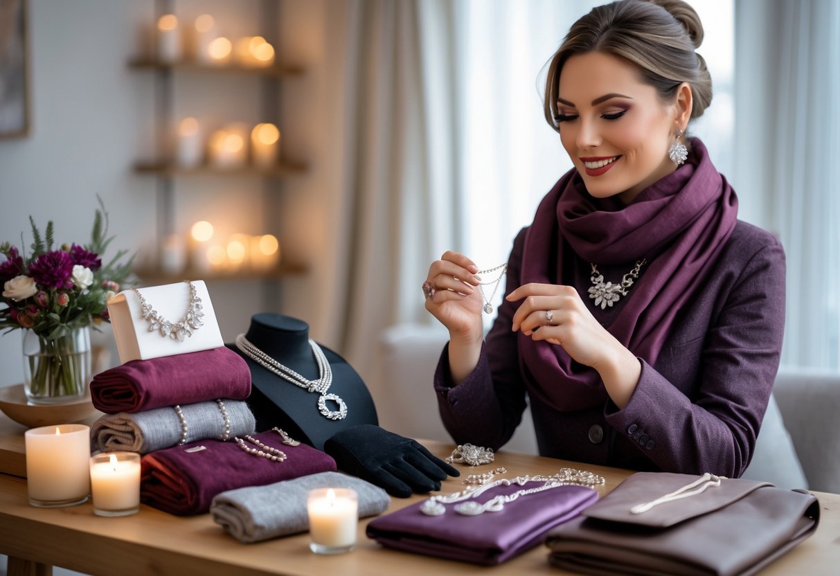 A woman choosing elegant accessories on a table indoors, surrounded by winter-themed decor.