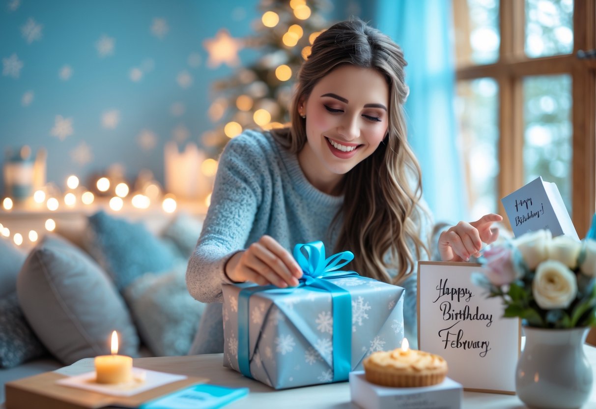 A young woman happily opening a birthday gift in a cozy room decorated with winter-themed accents and surrounded by thoughtful presents.