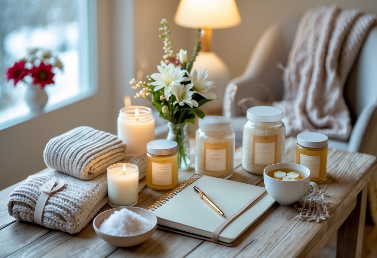 A table displaying various self-care gifts including candles, bath salts, flowers, a journal, a blanket, and a cup of tea in a cozy indoor setting.