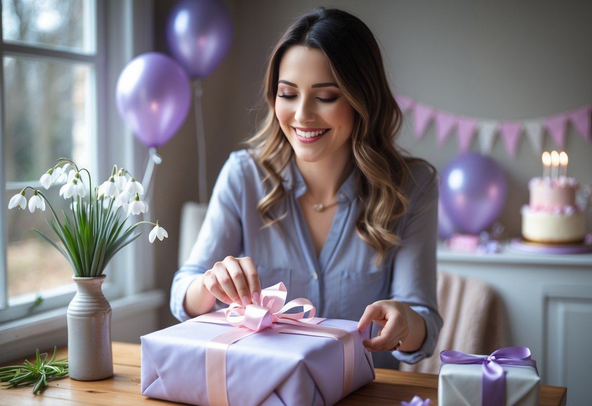 A woman happily opening a beautifully wrapped birthday gift in a cozy room with soft natural light and subtle February-themed flowers nearby.
