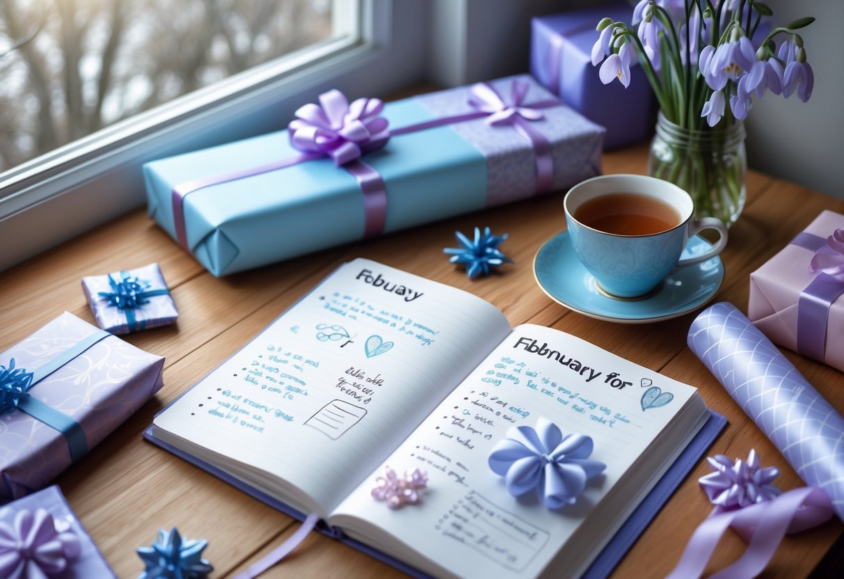 A cozy workspace with an open notebook, gift wrapping materials, a cup of tea, and fresh flowers on a wooden desk by a window.