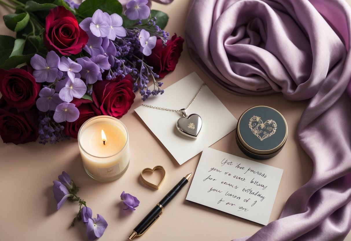 A flat lay of birthday gifts including flowers, a silk scarf, a silver locket necklace, a scented candle, and a handwritten card arranged on a soft background.