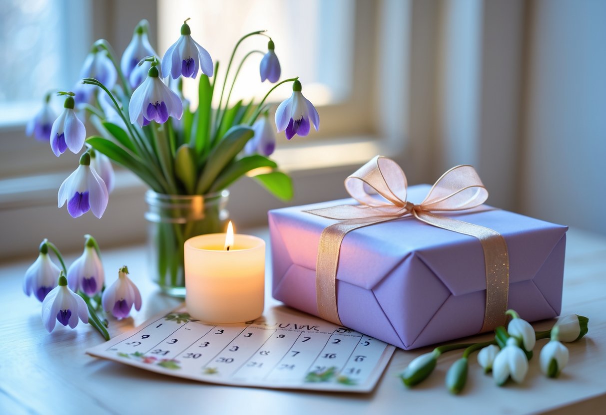 A wrapped gift box next to a bouquet of violets and snowdrops on a wooden table with a candle and a calendar showing February.