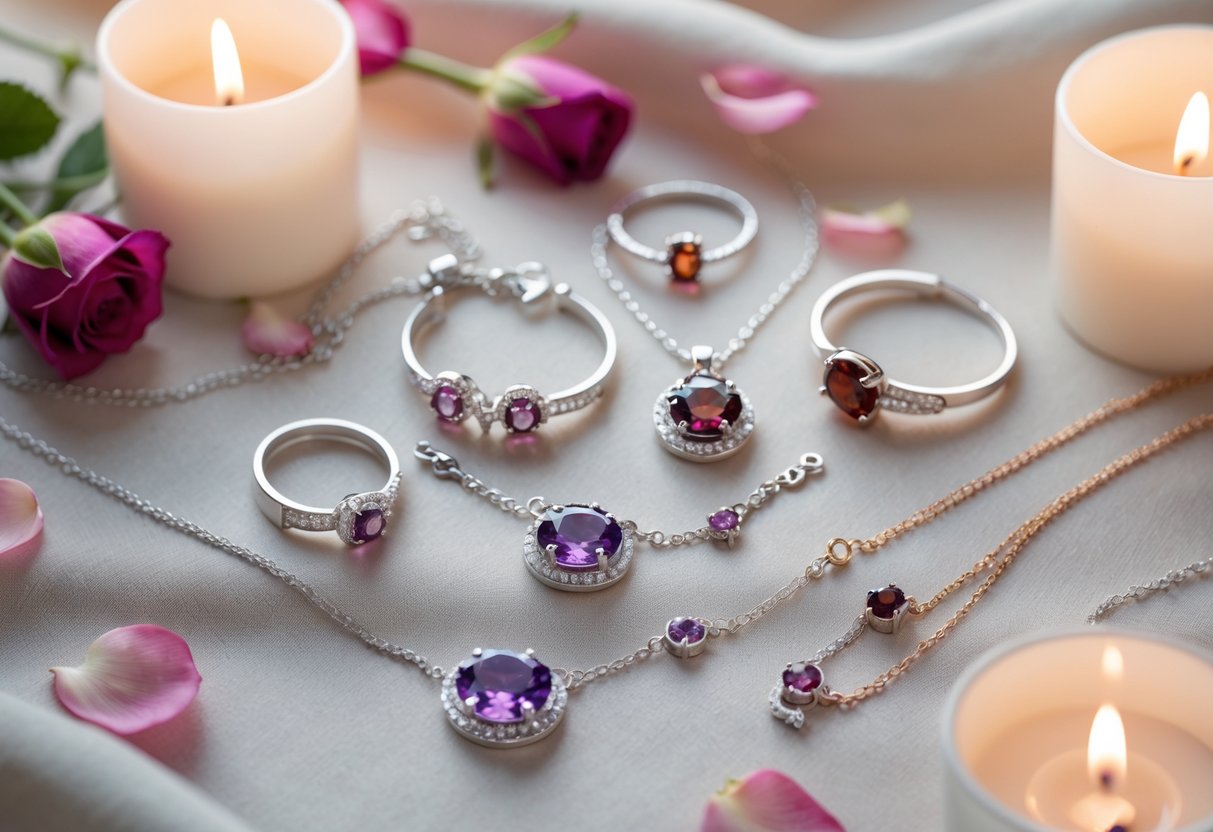 A collection of personalized birthstone jewelry including necklaces, bracelets, and rings displayed with rose petals and soft candlelight.