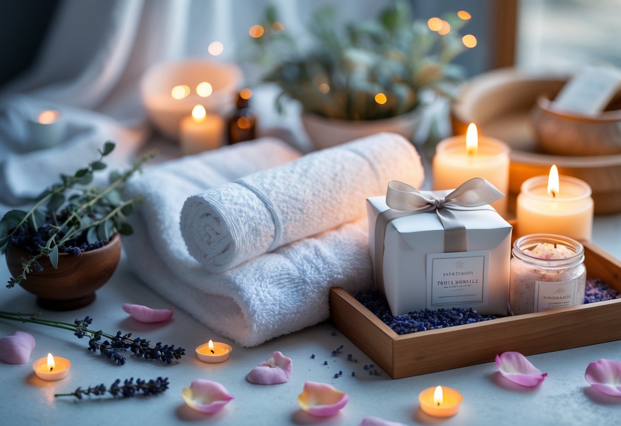 A spa setup with towels, candles, bath salts, lavender, and a wrapped gift box arranged to create a relaxing and warm atmosphere.