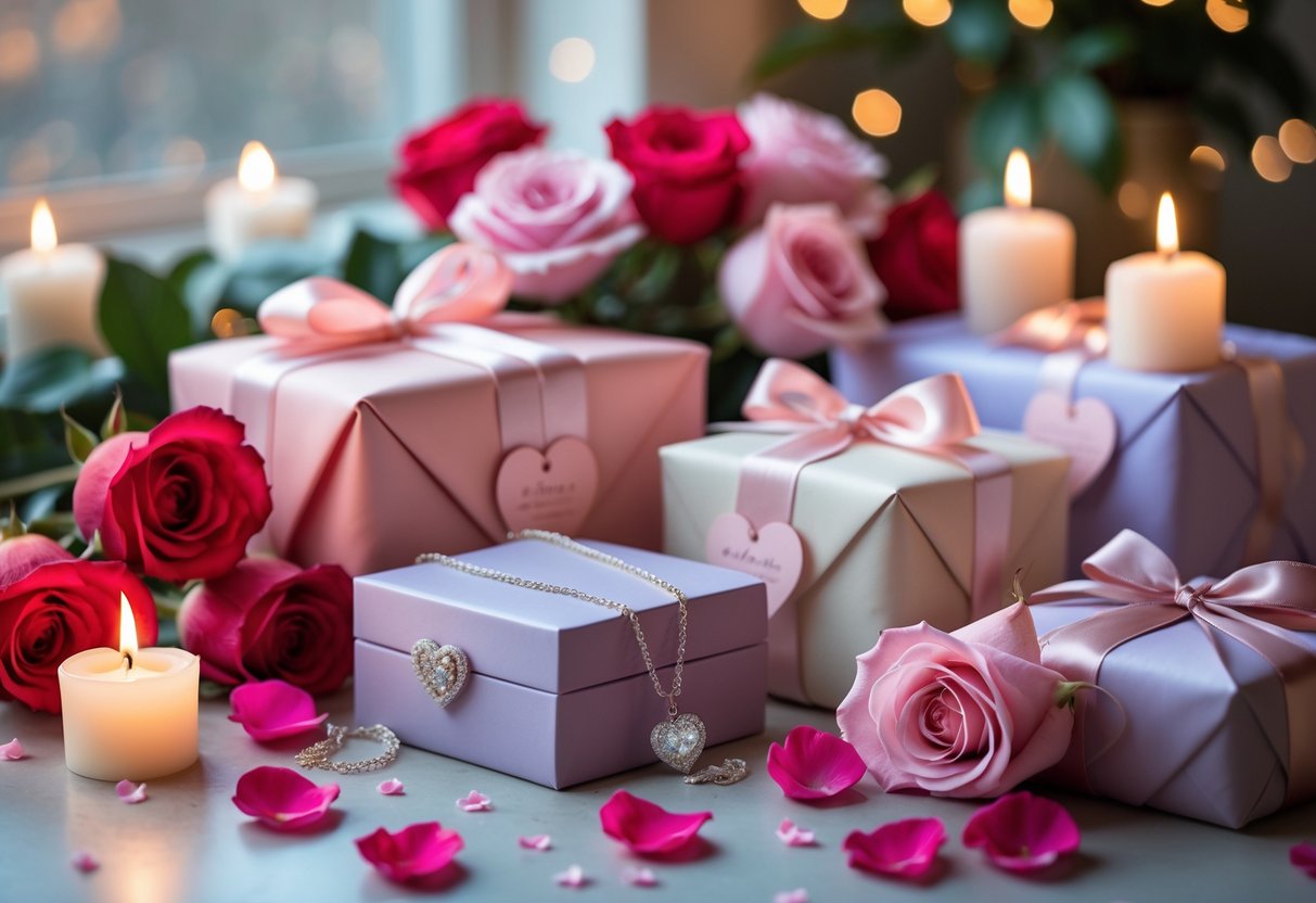 A cozy arrangement of wrapped gifts, roses, candles, and a jewelry box on a table, creating a romantic and joyful birthday setting.