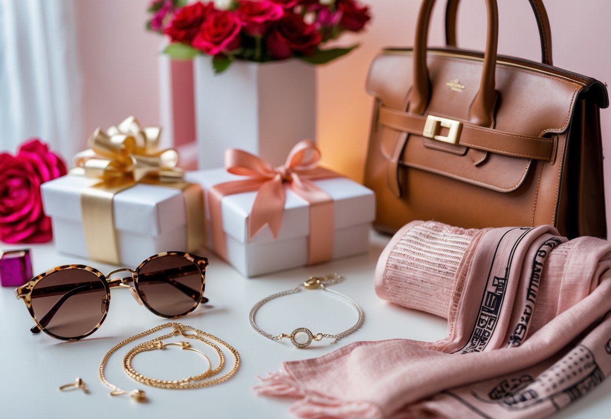 A display of elegant jewelry, scarves, sunglasses, and a leather handbag arranged on a warm-colored surface.