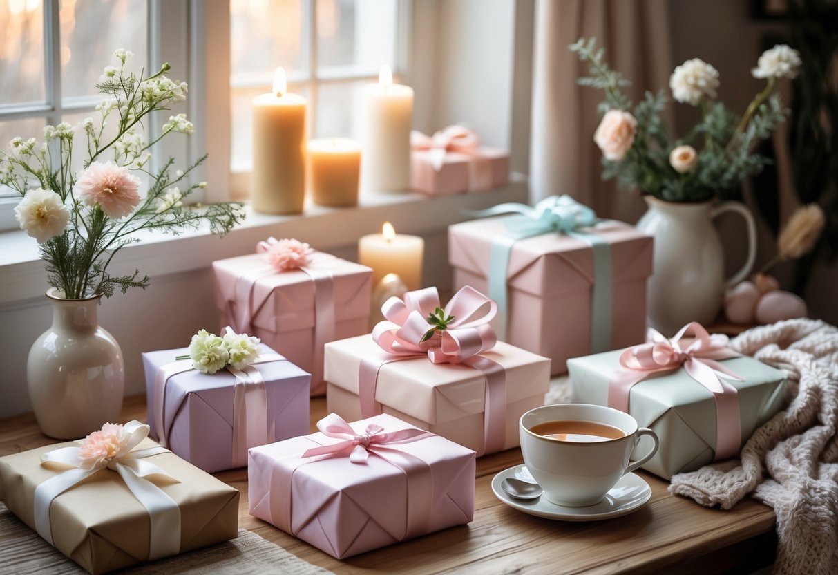 A cozy indoor scene with wrapped birthday gifts, fresh flowers, candles, and a cup of tea arranged on a wooden table.