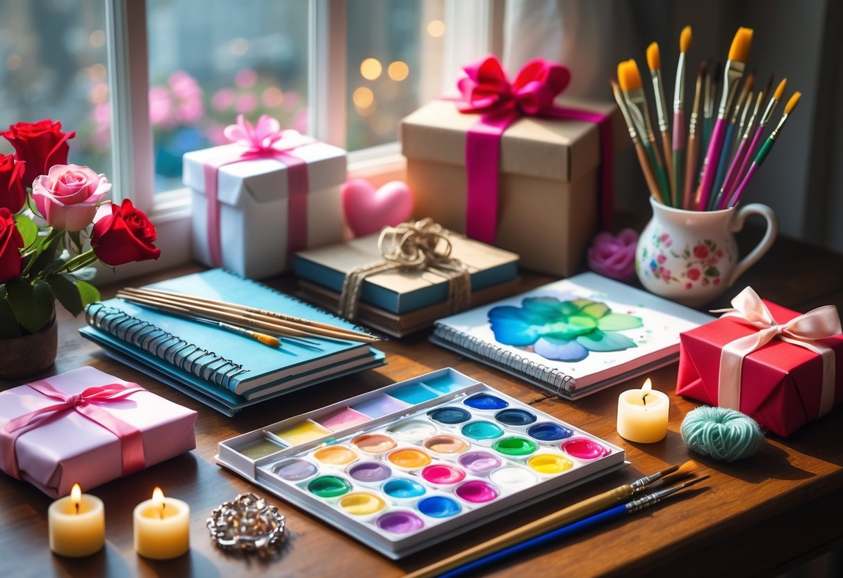 A collection of artistic gifts including paintbrushes, sketchbooks, watercolor palettes, handmade jewelry, and knitting supplies arranged on a wooden table with flowers and candles.
