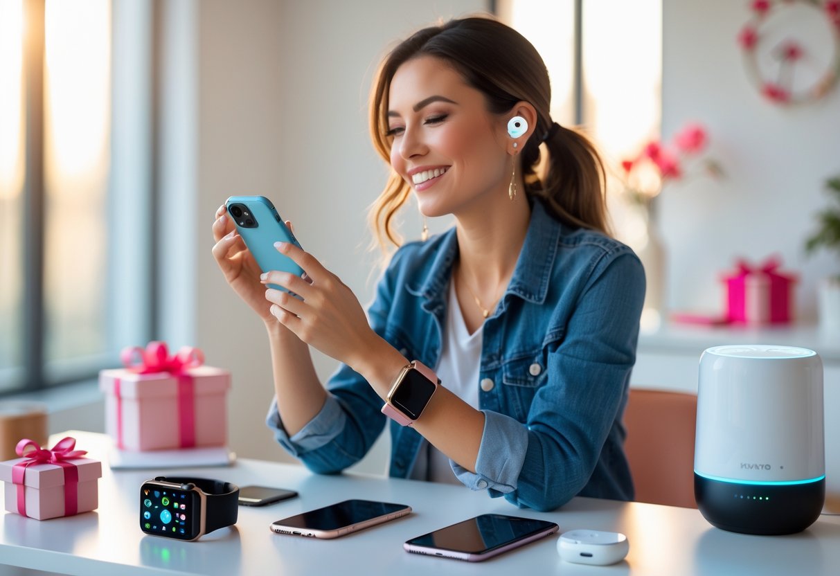 A smiling modern woman using smart gadgets at a bright desk in a cozy home setting.
