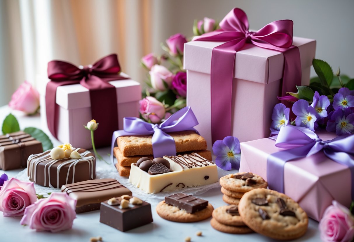 An assortment of chocolates, cookies, wrapped gift boxes, and fresh flowers arranged on a table, creating a warm and joyful birthday gift scene.
