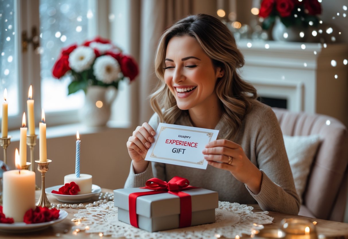A woman smiling happily as she opens a gift box with a certificate inside, sitting in a cozy room decorated for a winter birthday celebration.