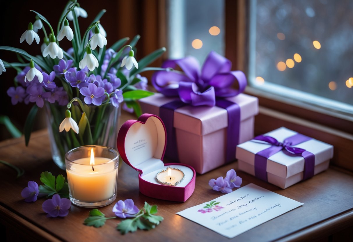 A table with a bouquet of purple flowers, a heart-shaped jewelry box with a necklace, a lit candle, and a handwritten note, all arranged to celebrate a February birthday.