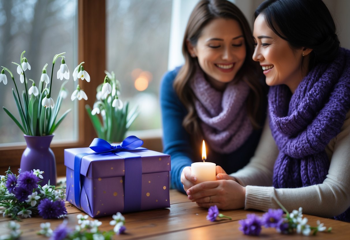 Two women smiling and holding hands near a wrapped birthday gift surrounded by winter flowers on a wooden table.